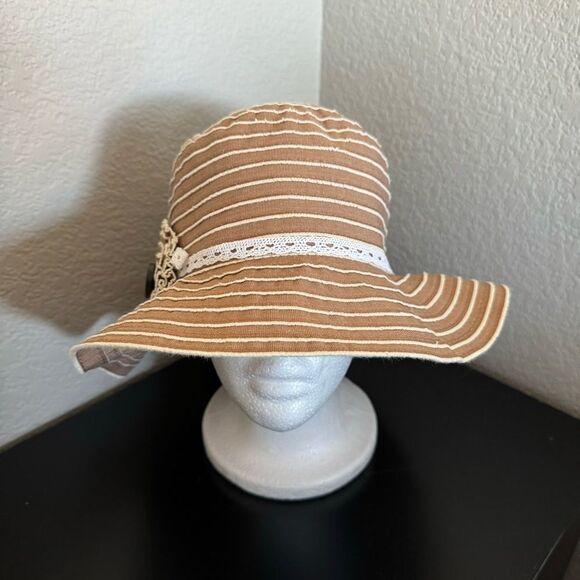 Kallina Brown White Embellished Striped Round Sun Hat - Picture 2 of 8